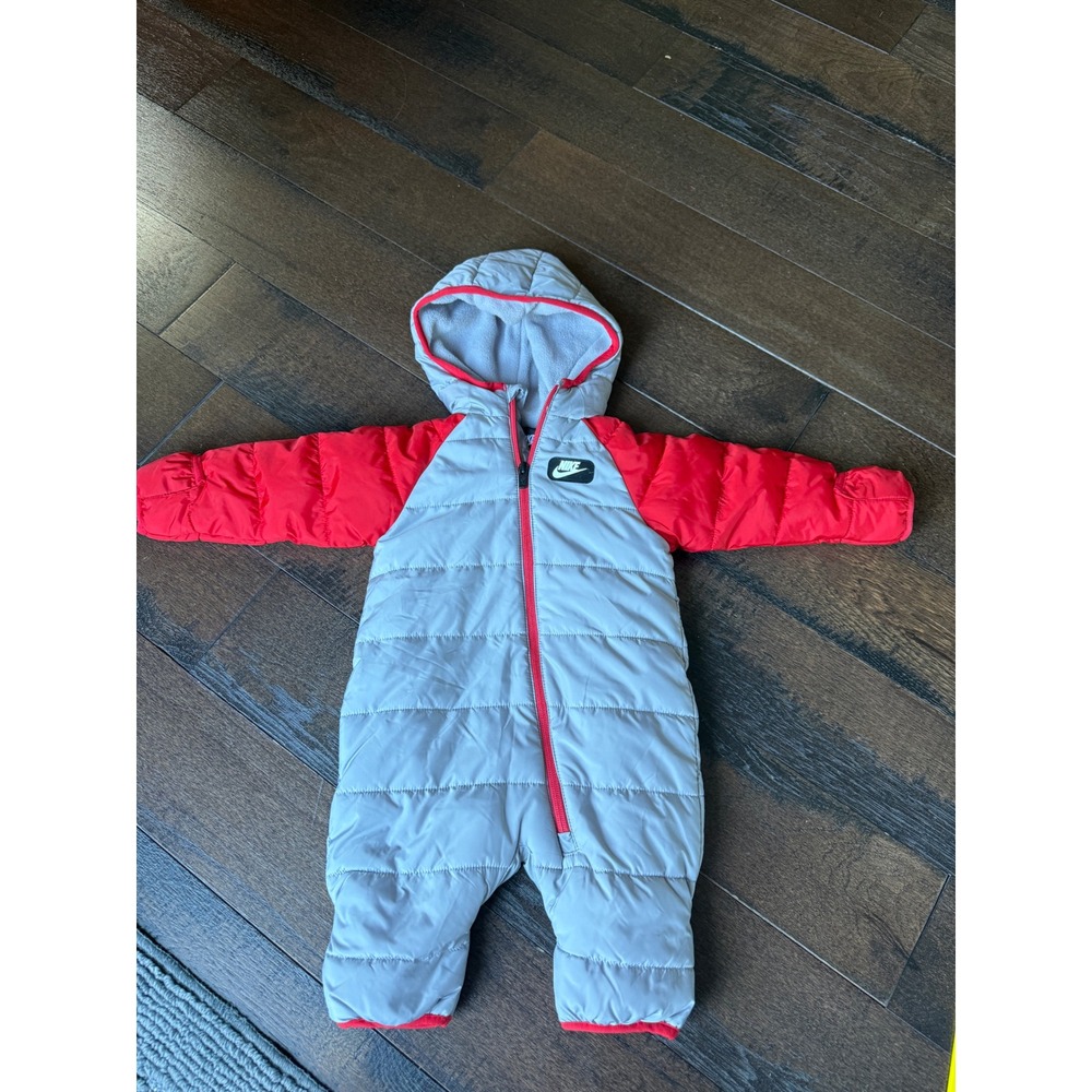 Nike Puffer Bunting Suit baby 6 months gray Red Infant Winter Snowsuit Hooded